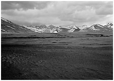 Ash plain, and mountains at sunset, Valley of Ten Thousand smokes. Katmai National Park ( black and white)