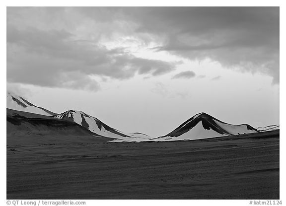 Mt Meigeck emerging above ash plain of Valley of Ten Thousand Smokes at dusk. Katmai National Park (black and white)