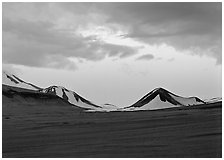 Mt Meigeck emerging above ash plain of  Valley of Ten Thousand Smokes at dusk. Katmai National Park ( black and white)