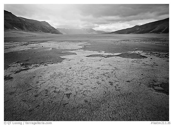 Brightly colored ash in wide plain, Valley of Ten Thousand smokes. Katmai National Park, Alaska, USA.