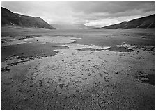 Brightly colored ash in wide plain, Valley of Ten Thousand smokes. Katmai National Park, Alaska, USA. (black and white)