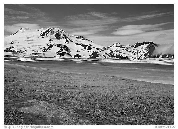 Mt Meigeck raises above the floor of the Valley of Ten Thousand Smokes. Katmai National Park (black and white)