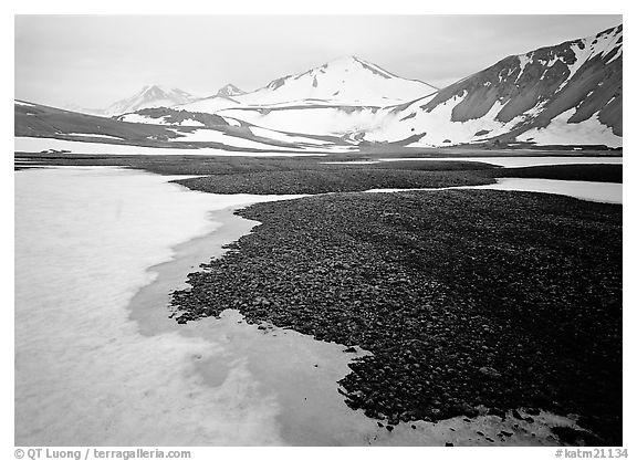 Melting snow and lichens, Valley of Ten Thousand smokes. Katmai National Park, Alaska, USA.