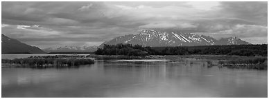 Lake and mountains at sunset. Katmai National Park (Panoramic black and white)