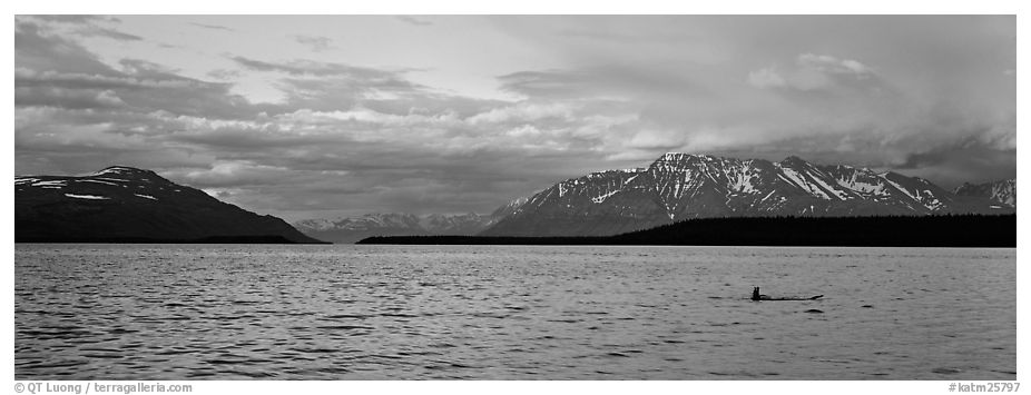 Lake and Mountains with pink clouds at sunset. Katmai National Park (black and white)