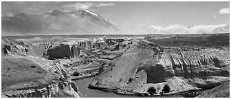 Gorge cut in volcanic ash plain, Valley of Ten Thousand Smokes. Katmai National Park (Panoramic black and white)