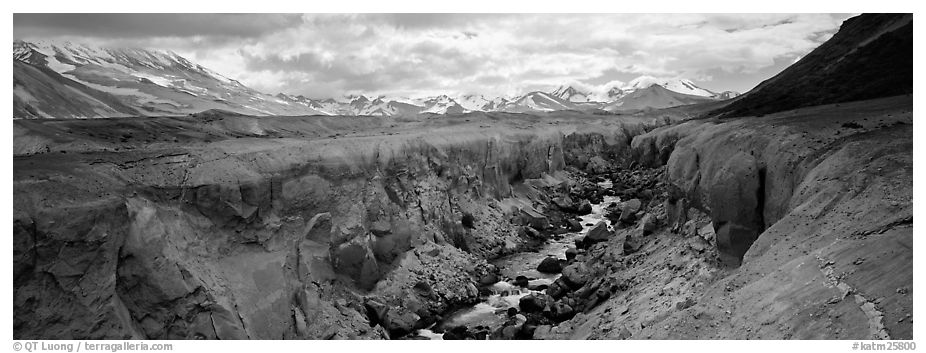Volcanic landscape with river cutting into ash valley. Katmai National Park (black and white)