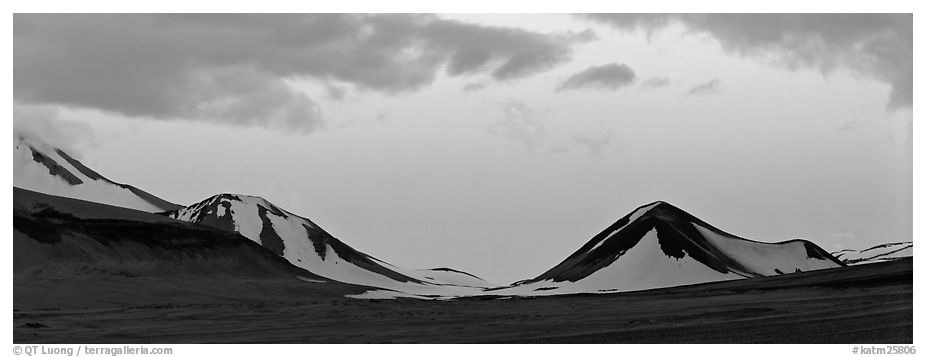 Snow-covered mountains with pink dusk sky. Katmai National Park (black and white)