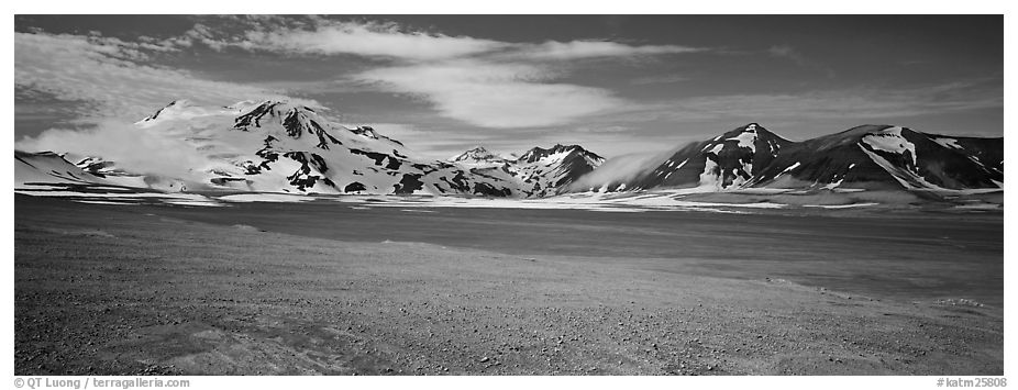 Snow-covered mountains contrasting with arid valley floor. Katmai National Park (black and white)