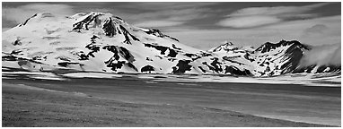Mt Meigeck rising above floor of the Valley of Ten Thousand Smoke. Katmai National Park (Panoramic black and white)