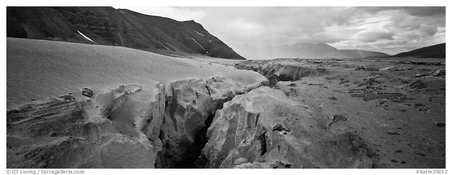 Volcanic landscape with deep gorge cut into ash valley. Katmai National Park (black and white)
