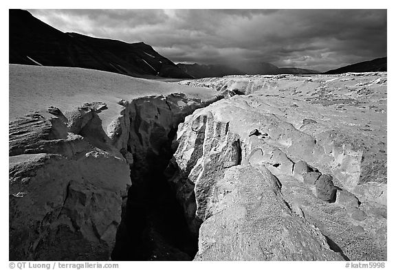 Deep gorge carved by the Lethe River, Valley of Ten Thousand Smokes. Katmai National Park (black and white)