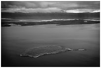 Aerial View of island in autumn foliage contrasting with blue waters, Naknek Lake. Katmai National Park ( black and white)