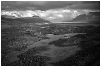 Aerial View of meadows, forest, and Naknek Lake. Katmai National Park ( black and white)