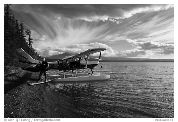 Unloading floatplane, Lake Brooks. Katmai National Park (black and white)