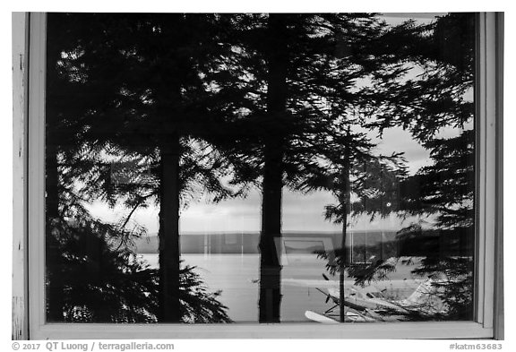 Naknek Lake, Brooks Camp Visitor Center Window Reflexion. Katmai National Park (black and white)