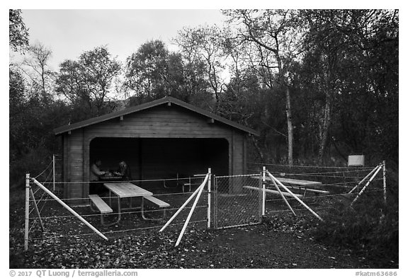 Picnic area enclosed in electric fence. Katmai National Park (black and white)