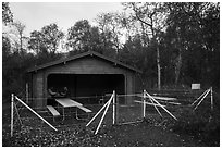 Picnic area enclosed in electric fence. Katmai National Park ( black and white)