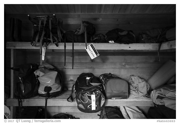 Inside Gear Cache, Brooks Camp. Katmai National Park (black and white)