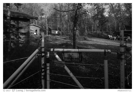 Entrance of Brooks Camp campground with electric fence. Katmai National Park (black and white)