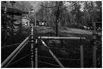 Entrance of Brooks Camp campground with electric fence. Katmai National Park ( black and white)