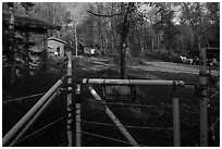 Entrance of Brooks Camp campground with electric fence. Katmai National Park ( black and white)