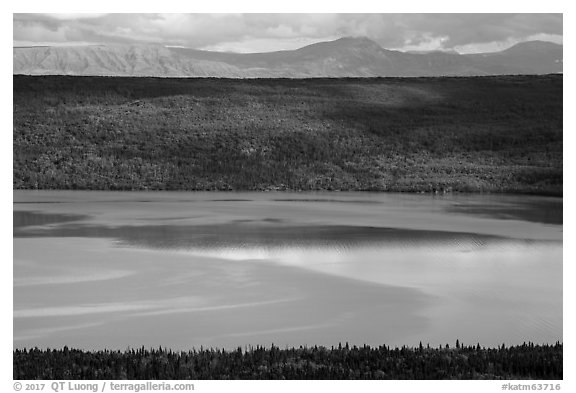Naknek Lake with patch of glassy water. Katmai National Park (black and white)