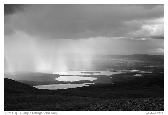 Cloud and rain over lakes. Katmai National Park (black and white)