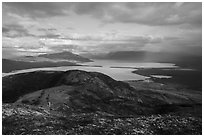 Visitor looking, Naknek Lake from Dumpling Mountain. Katmai National Park ( black and white)