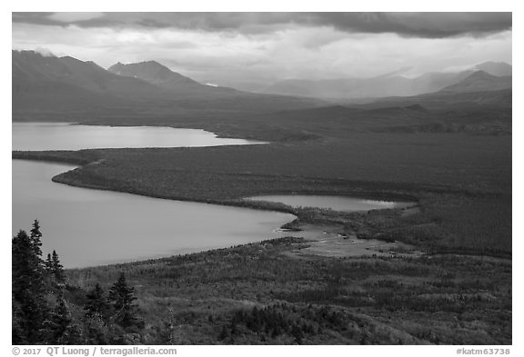 Brooks Camp and Naknek Lake from above. Katmai National Park (black and white)