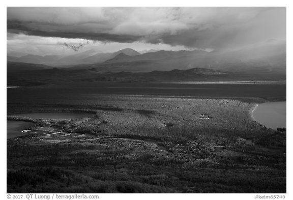 The entire Brooks River from above. Katmai National Park (black and white)