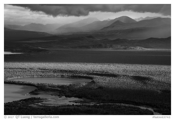 Brooks River and mountains, evening. Katmai National Park (black and white)