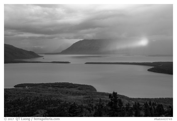Naknek Lake with rainbowed shaft of light. Katmai National Park (black and white)