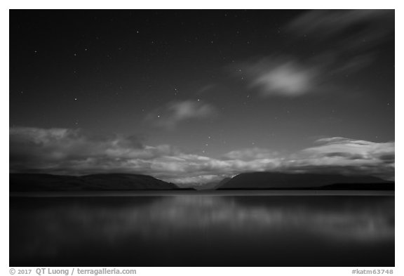 Moonlit Naknek Lake at night. Katmai National Park (black and white)