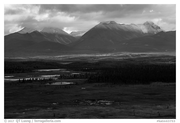 Tundra and snowy mountains near Valley of Ten Thousand Smokes. Katmai National Park (black and white)