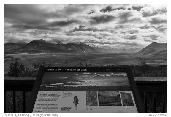 Valley of Ten Thousand Smokes intepretive sign. Katmai National Park (black and white)