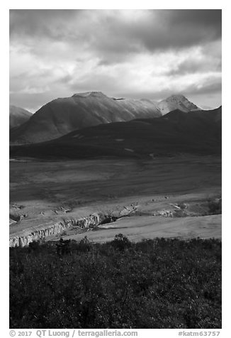 Lethe gorge, Valley of Ten Thousand Smokes, and mountains. Katmai National Park (black and white)