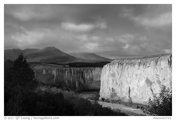 Cliffs carved from ash rock, Valley of Ten Thousand Smokes. Katmai National Park (black and white)
