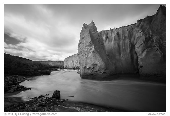 Ukak River and ash cliffs, Valley of Ten Thousand Smokes. Katmai National Park (black and white)