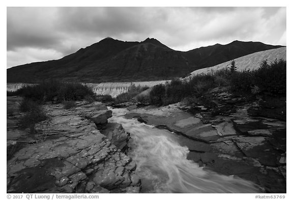 Ukak River flowing on rock bed, Valley of Ten Thousand Smokes. Katmai National Park (black and white)