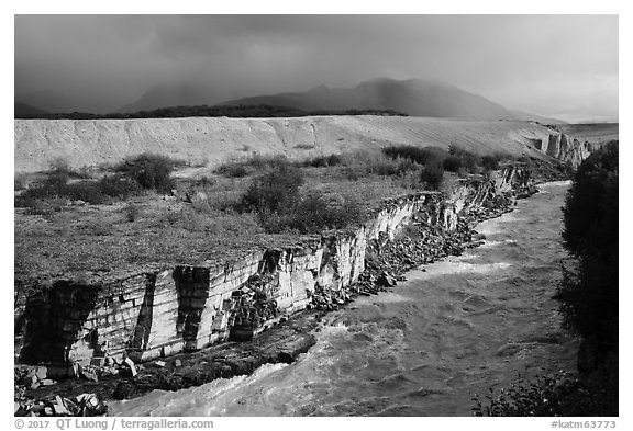 Ukak River carving gorge in Valley of Ten Thousand Smokes. Katmai National Park (black and white)