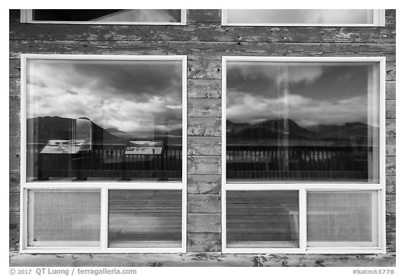 Valley of Ten Thousand Smokes Three Forks Overlook shelter window reflexion. Katmai National Park (black and white)