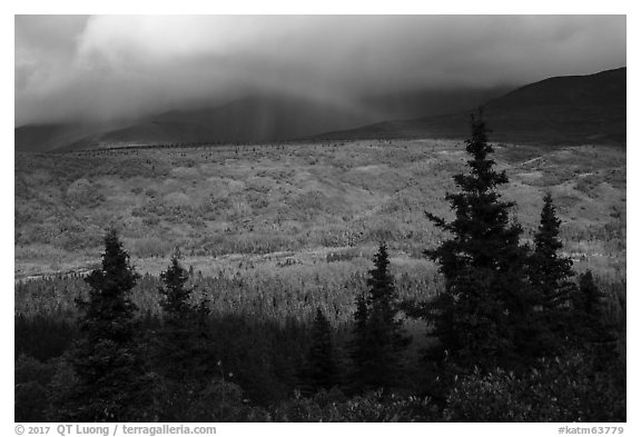 Rainbow over valley in autumn foliage. Katmai National Park (black and white)