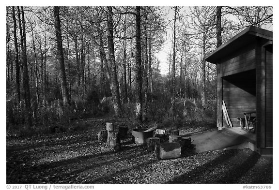 Tents, fire ring, and shelter, Brooks Camp campground. Katmai National Park (black and white)