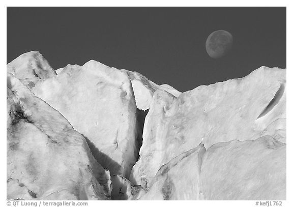 Seracs and moon, Exit Glacier. Kenai Fjords National Park, Alaska, USA.