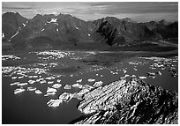 Aerial view of Bear Glacier and lagoon. Kenai Fjords National Park, Alaska, USA. (black and white)