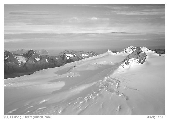 Aerial view of Harding icefield, fjords in the backgound. Kenai Fjords National Park (black and white)