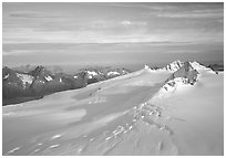 Aerial view of Harding icefield, fjords in the backgound. Kenai Fjords National Park ( black and white)