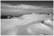 Aerial view of vast glacial system and fjords. Kenai Fjords National Park, Alaska, USA. (black and white)