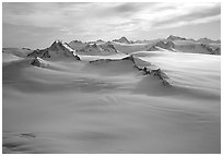 Aerial view of Harding icefield and Nunataks. Kenai Fjords National Park, Alaska, USA. (black and white)